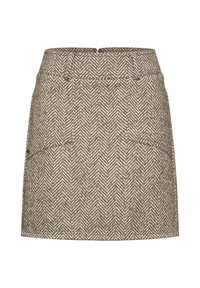 Jupe à motif chevrons marron au design ajusté, dotée d'une taille et de poches avant. Fabriquée en tissu tissé avec une finition texturée.