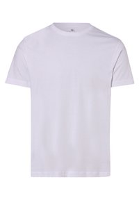Weißes T-Shirt mit kurzen Ärmeln aus Baumwolle. Mit Rundhalsausschnitt und geradem Saum. Glatte Textur ohne sichtbare Muster oder Designs.