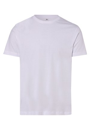 Weißes T-Shirt mit kurzen Ärmeln aus Baumwolle. Mit Rundhalsausschnitt und geradem Saum. Glatte Textur ohne sichtbare Muster oder Designs.