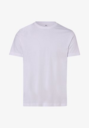 T-shirt bianco a maniche corte in cotone. Presenta un collo rotondo e un orlo dritto. Tessuto liscio senza motivi o decorazioni visibili.