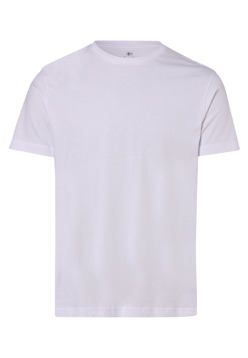 Weißes T-Shirt mit kurzen Ärmeln aus Baumwolle. Mit Rundhalsausschnitt und geradem Saum. Glatte Textur ohne sichtbare Muster oder Designs.