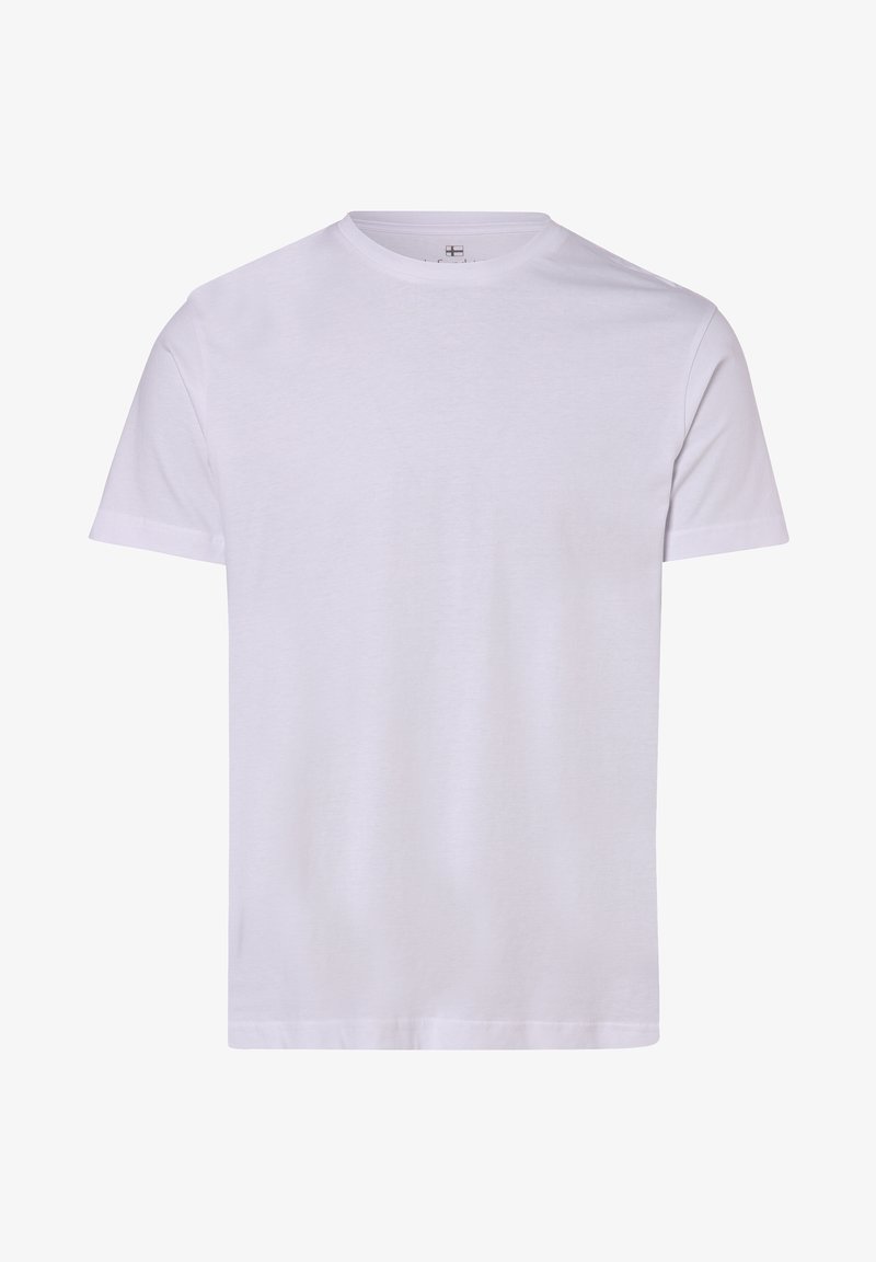 T-shirt bianco a maniche corte in cotone. Presenta un collo rotondo e un orlo dritto. Tessuto liscio senza motivi o decorazioni visibili.