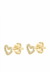 Zlaté náušnice v tvare srdca ozdobené trblietavými priehľadnými kryštálmi pozdĺž okraja. Hladký, lesklý povrch s bezpečným zapínaním.