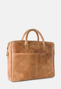 Brown leather briefcase with dual handles, zip closure, and front pocket. Features a smooth texture and subtle branding on the front.