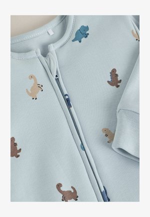 Svijetloplava zip-up kombinezona izrađena od mekog materijala, s malim, šarenim printovima dinosaura. Okrugli izrez i rebrasti rukavi.