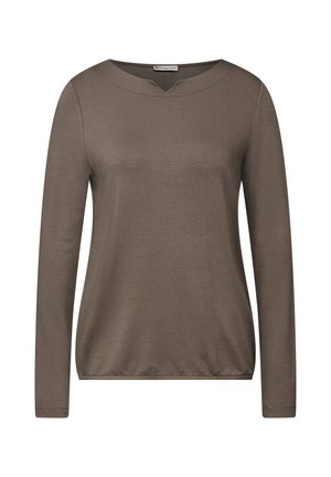 Brown long-sleeve top with a rounded neckline and slight V-cut detail. Made of soft fabric with a smooth texture and gathered hem.