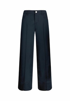 Pantaloni a gamba larga in blu scuro, realizzati in tessuto morbido. Presentano due tasche frontali, una chiusura con bottone singolo e pences stirate.