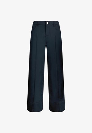 Pantaloni a gamba larga in blu scuro, realizzati in tessuto morbido. Presentano due tasche frontali, una chiusura con bottone singolo e pences stirate.