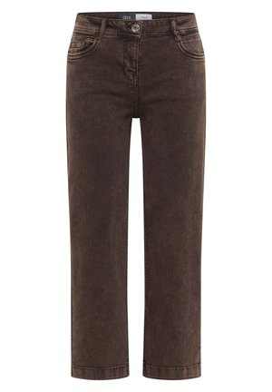 Jean en denim marron, coupe droite, avec fermeture avant à bouton et zip, poches avant et poche monnaie, et passants de ceinture.
