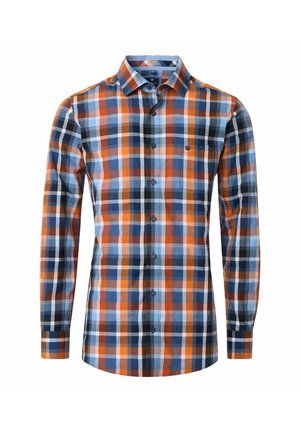 Langärmliges Hemd mit Knopfleiste im orange-blauen-weißen Karomuster und spitzem Kragen.