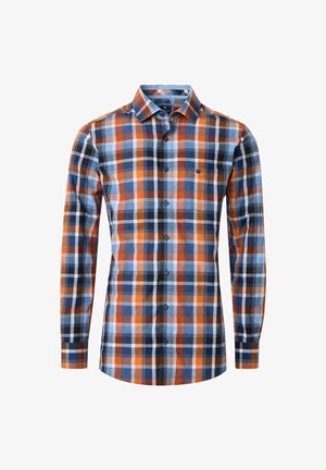 Langsleeve knopenhemd met een oranje, blauwe, zwarte en witte ruitenpatroon en een puntige kraag.