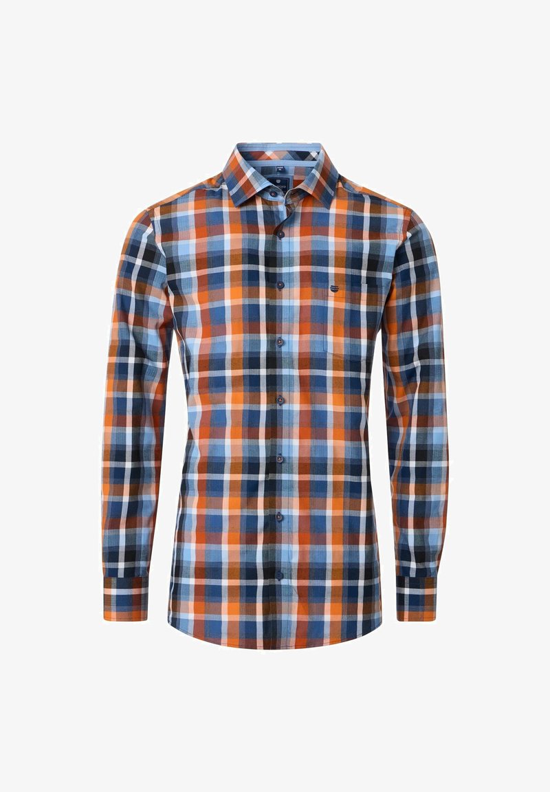 Koszula zapinana na guziki z długim rękawem w pomarańczowy, niebieski, czarny i biały wzór w kratę oraz z wywijanym kołnierzykiem.