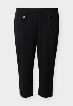 Sorte, kortere, smale bukser med høy midje og to knappedetaljer på midjebåndet, uten synlige lommer eller glidelåser.