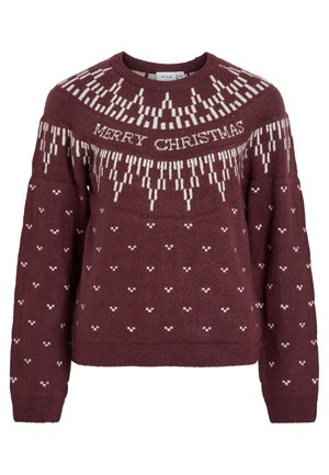 Maglione color bordeaux con scollo rotondo, caratterizzato da testo bianco "MERRY CHRISTMAS" e motivo a fiocco di neve lavorato a maglia sul giogo e sul corpo.