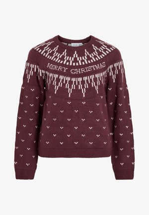 Bordo džemper s okruglim izrezom i bijelim natpisom "MERRY CHRISTMAS" te pletenim uzorkom pahuljice na gornjem dijelu i tijelu.