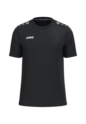 Schwarzes Sportshirt mit kurzen Ärmeln und Rundhalsausschnitt, JAKO-Logo auf der Brust und gemusterten Logos entlang beider Schultern.