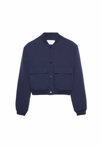 Navy cropped jacket made from smooth fabric with ribbed collar, two front pockets, and button closure. Features a fitted design.