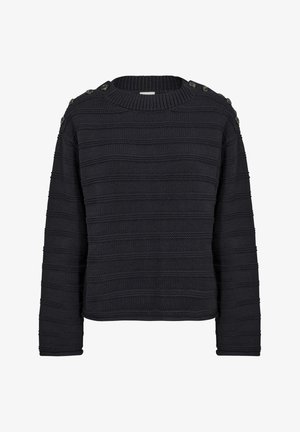 Pulover negru tricotat cu dungi orizontale, gât rotund și accente cu butoane pe umeri. Material texturat cu o croială lejeră.