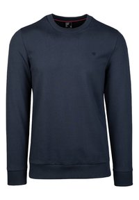 Felpa blu navy realizzata in misto cotone, con collo a giro, maniche lunghe, polsini a coste e un piccolo logo sul petto.