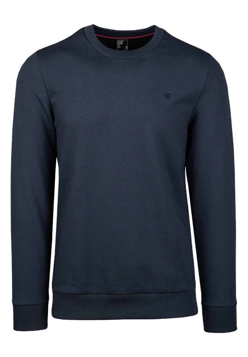 Felpa blu navy realizzata in misto cotone, con collo a giro, maniche lunghe, polsini a coste e un piccolo logo sul petto.