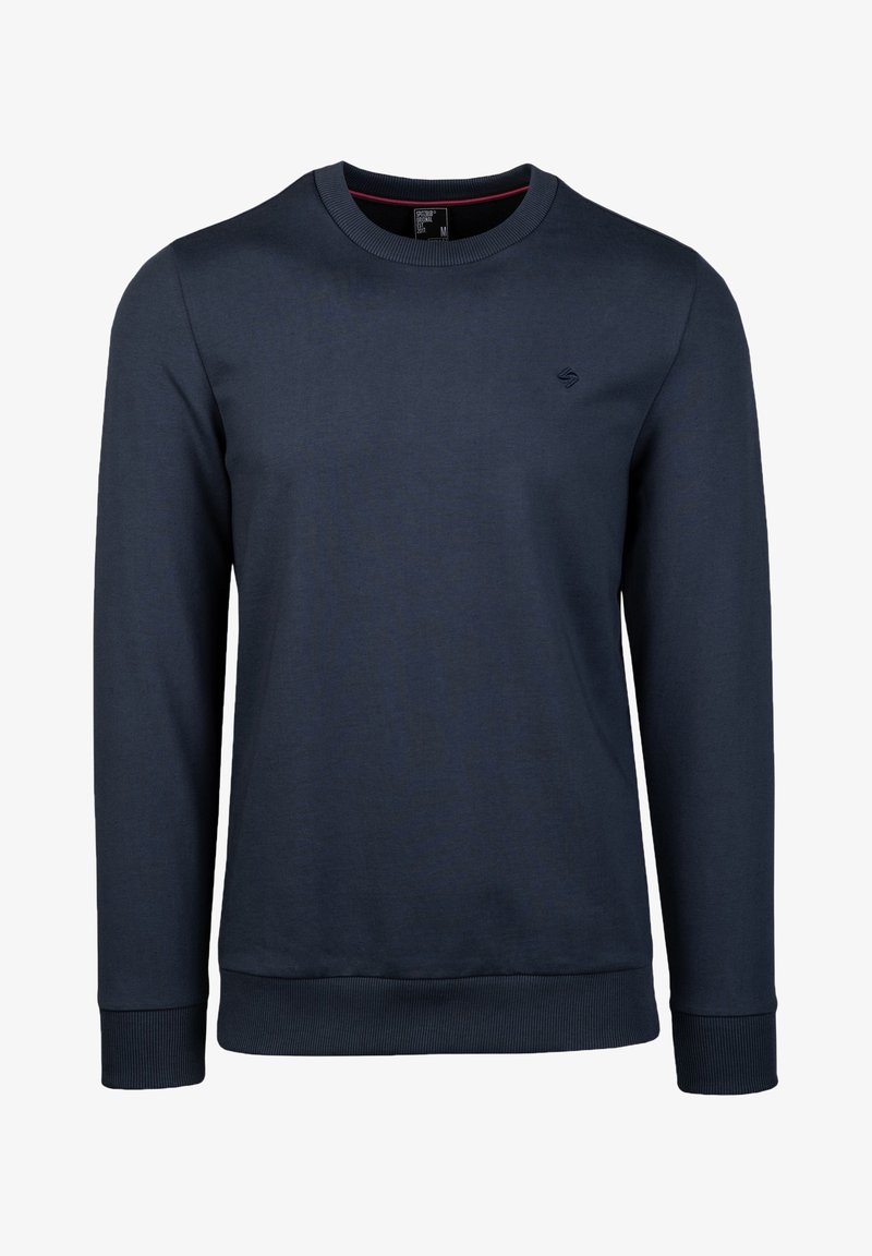 Felpa blu navy realizzata in misto cotone, con collo a giro, maniche lunghe, polsini a coste e un piccolo logo sul petto.
