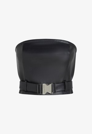 Schwarz Leder trägerloses Top mit strukturiertem Design, verfügt über einen vorderen Schnallenverschluss und eine schlanke, glatte Textur.