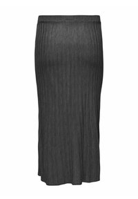 Gonna a vita alta, a coste, di colore grigio scuro, lunghezza al ginocchio, realizzata in un tessuto morbido ed elastico con righe verticali per la texture. Design senza cuciture.