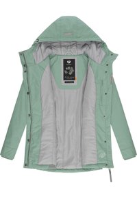 Veste légère vert menthe avec une doublure intérieure grise, dotée d'une capuche, de boutons-pression et d'une étiquette graphique en forme de fleur à l'intérieur.