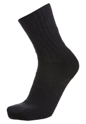 Calcetín negro de canalé con longitud hasta la mitad de la pantorrilla, con una textura suave y puntera reforzada. El tejido parece elástico y duradero.