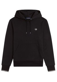 Sudadera con capucha negra, con un bolsillo frontal, cordones plateados y un pequeño logo blanco en el pecho. Puños acanalados con acentos de color.