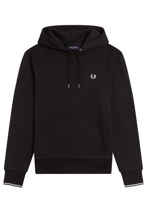 Felpa nera con cappuccio, tasca frontale, coulisse argentate e un piccolo logo bianco sul petto. Polsini a costine con accenti colorati.