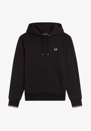 Felpa nera con cappuccio, tasca frontale, coulisse argentate e un piccolo logo bianco sul petto. Polsini a costine con accenti colorati.