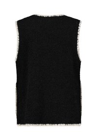 Schwarze Weste aus strukturiertem Stoff, ärmelloses Design, mit weißen Besätzen an den Kanten und offenen Seiten. Rückansicht angezeigt.