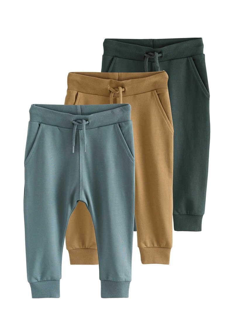 Tre par joggingbyxor i blågrön, senap och mörkgrön. Tillverkade av mjukt material med elastiska midjeband och sidofickor.