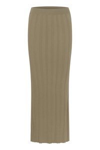 Olivgrön ribbad midikjol, tillverkad av texturerat material, med en figursydd midja och en lätt utställd nederkant med en scalloped kant.