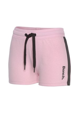 Roze katoenen shorts met zwarte zijstrepen, elastische tailleband en trekkoord. Heeft een logo afgedrukt aan de onderkant.