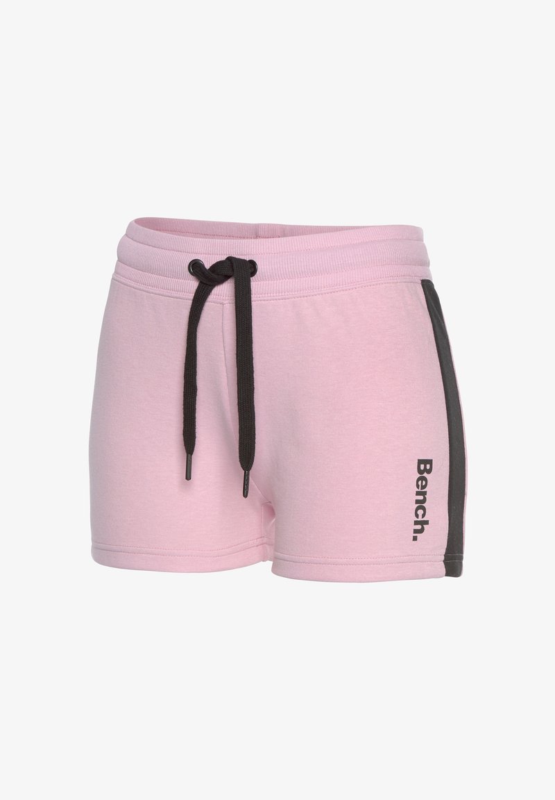 Roze katoenen shorts met zwarte zijstrepen, elastische tailleband en trekkoord. Heeft een logo afgedrukt aan de onderkant.