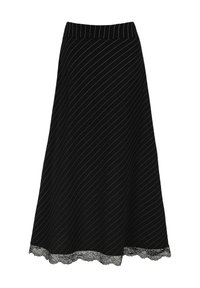 Jupe noire avec des rayures blanches horizontales, une taille ajustée et une bordure en dentelle festonnée à l'ourlet. Silhouette fluide en A.