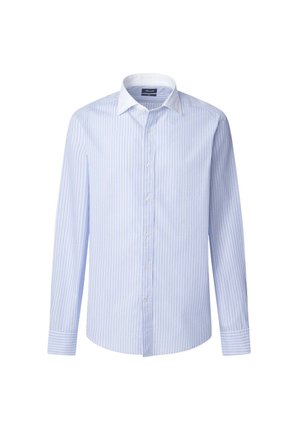 Light blue striped shirt with white collar, long sleeves, button-down front, and a straight cut. Made of lightweight fabric, smooth texture.