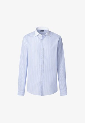 Lichtblauw gestreept shirt met witte kraag, lange mouwen, knoopsluiting aan de voorkant en een rechte snit. Gemaakt van lichte stof, met een gladde textuur.