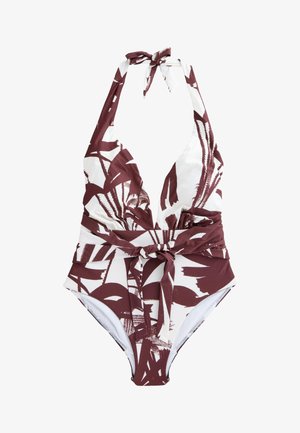 Vientisas maudymosi kostiumėlis su halterio kaklu ir gilia V formos iškirpte, rudos ir baltos abstrakčių lapų rašto, su audiniu diržu, surištu ties juosmeniu.