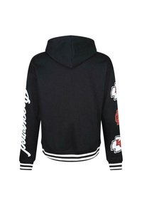 Black cropped hoodie with white striped hem and cuffs. Features bold graphics in red and white on sleeves and back. Soft fabric texture.
