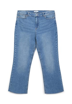Jeans in denim azzurro chiaro con un design a gamba svasata, caratterizzati dallo stile a cinque tasche, chiusura con bottone e leggera scoloritura per un effetto usato.