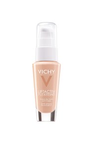 Vichy Liftactiv Flexiteint Anti-Falten-Foundation in einem transparenten Pumpflasche, mit einer cremefarbenen Formel und einem klaren Plastikdeckel.