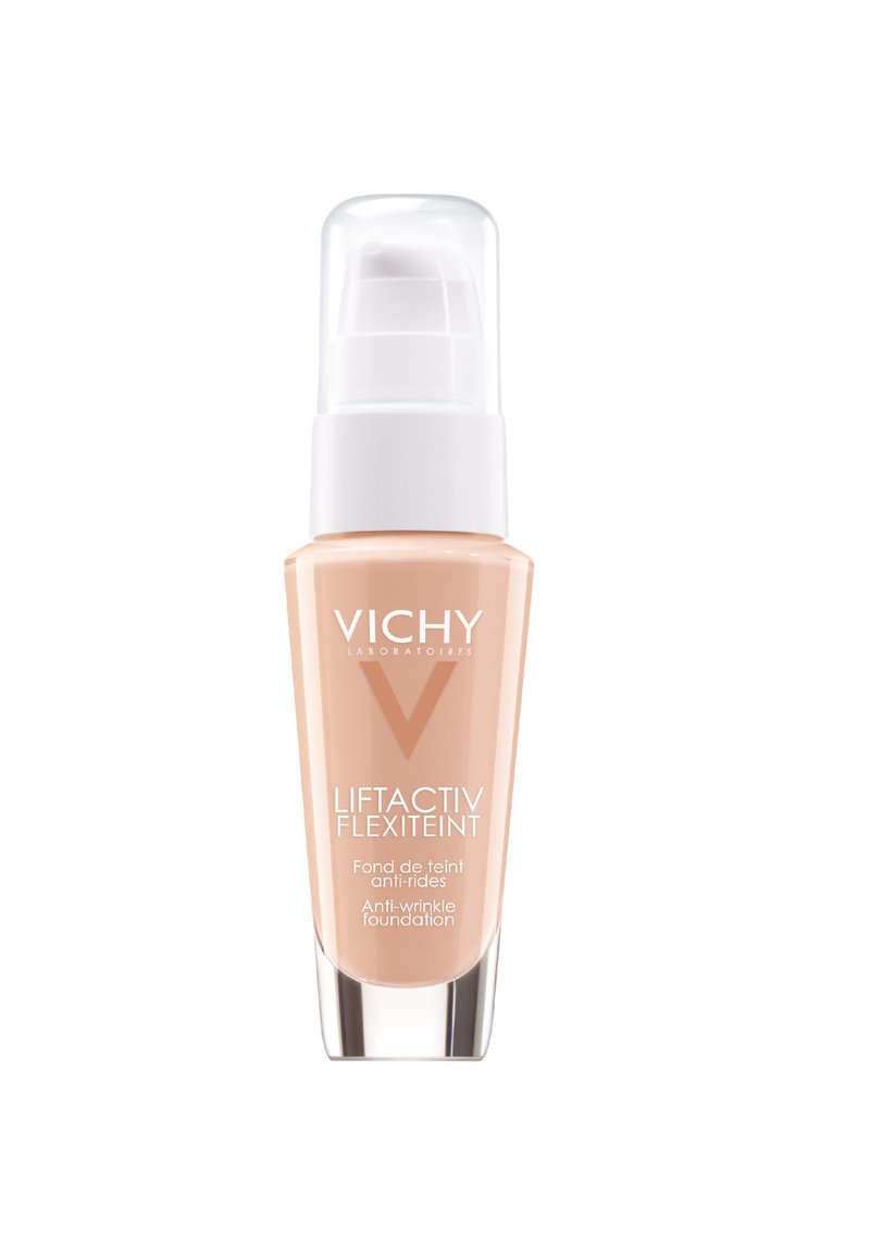 Vichy Liftactiv Flexiteint Anti-Falten-Foundation in einem transparenten Pumpflasche, mit einer cremefarbenen Formel und einem klaren Plastikdeckel.