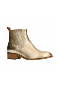 Goldene Leder-Ankle-Boots mit einem strukturierten goldenen Schlangenleder-Muster und einem braunen Blockabsatz. Verfügt über elastische Seiteneinsätze und einen Zugriemen.