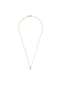 Goldkette mit einem rechteckigen Anhänger, der einen klaren Stein enthält. Die Kette hat ein feines und zartes Design.