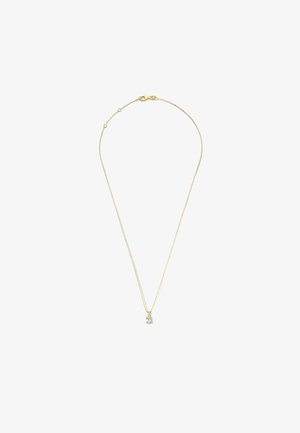 Gouden ketting met een rechthoekige hanger met een heldere steen. De ketting is fijn en delicaat van ontwerp.
