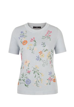 Maglione azzurro a maniche corte con motivi floreali multicolori ricamati sparsi sulla parte anteriore e collo e polsini a coste.