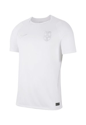 Hvid sportstrøje med korte ærmer med et svagt Norge-flag på brystet og et lille Nike-logo på højre side.